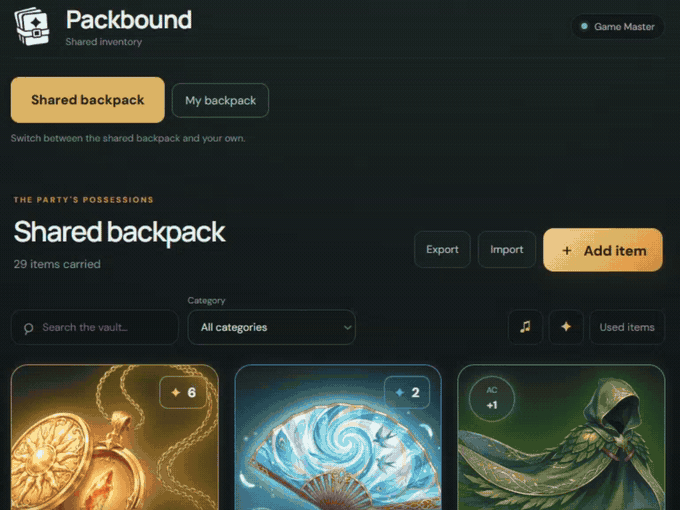 Creating item cards and bringing them into a Packbound backpack